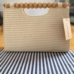 Savannah Beige Woven Tote with Beaded Handle